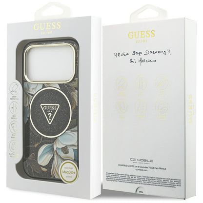 MagSafe Case for Apple iPhone 18 Pro Max / 17 Pro Max, Guess, IML Metal Glitter Flowers Triangle, Black