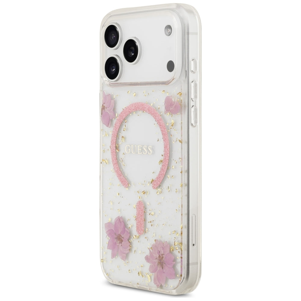 MagSafe Case for Apple iPhone 18 Pro Max / 17 Pro Max, Guess, Resin Flowers and Glitter, Pink