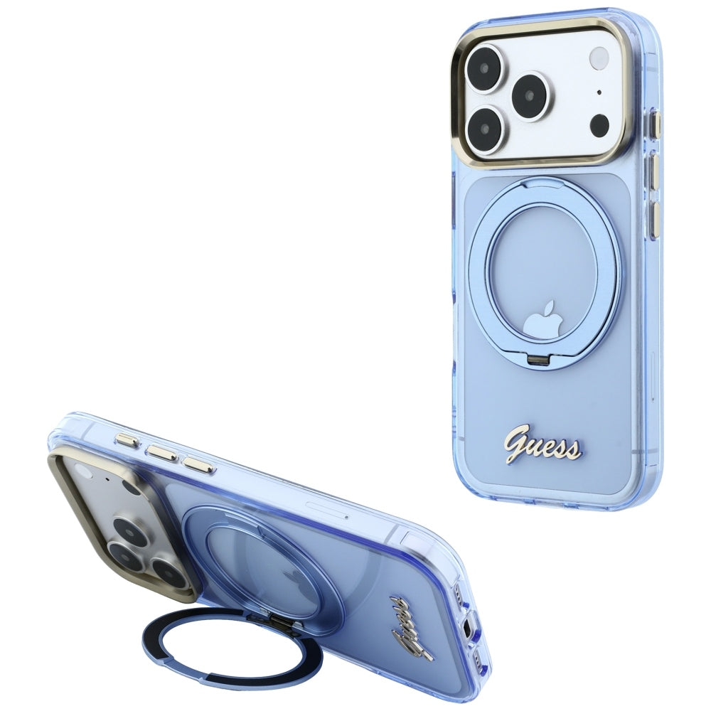 MagSafe Case for Apple iPhone 18 Pro Max / 17 Pro Max, Guess, Ring Stand Script Metal Logo, Blue