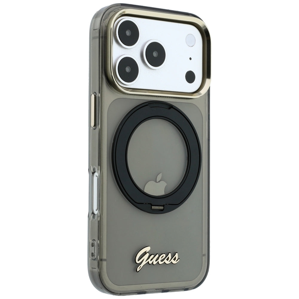 MagSafe Case for Apple iPhone 18 Pro Max / 17 Pro Max, Guess, Ring Stand Script Metal Logo, Black