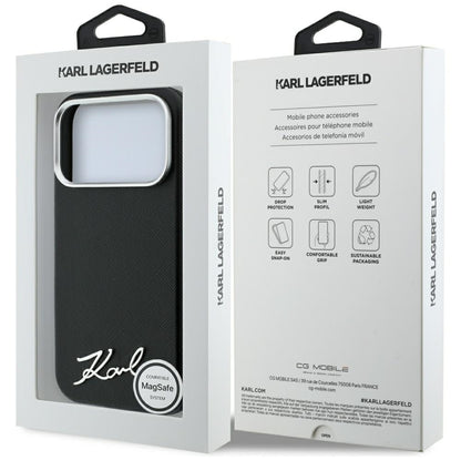 MagSafe Case for Apple iPhone 18 Pro Max / 17 Pro Max, Karl Lagerfeld, Saffiano Small Script Metal Logo, Black