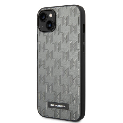 Case for Apple iPhone 14 Plus, Karl Lagerfeld, Saffiano Monogram Metal Logo, Grey