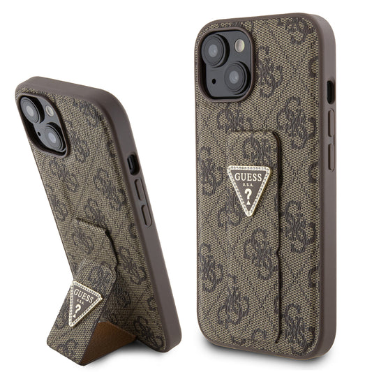 Case for Apple iPhone 15, Guess, Grip Stand 4G Triangle Strass, Brown