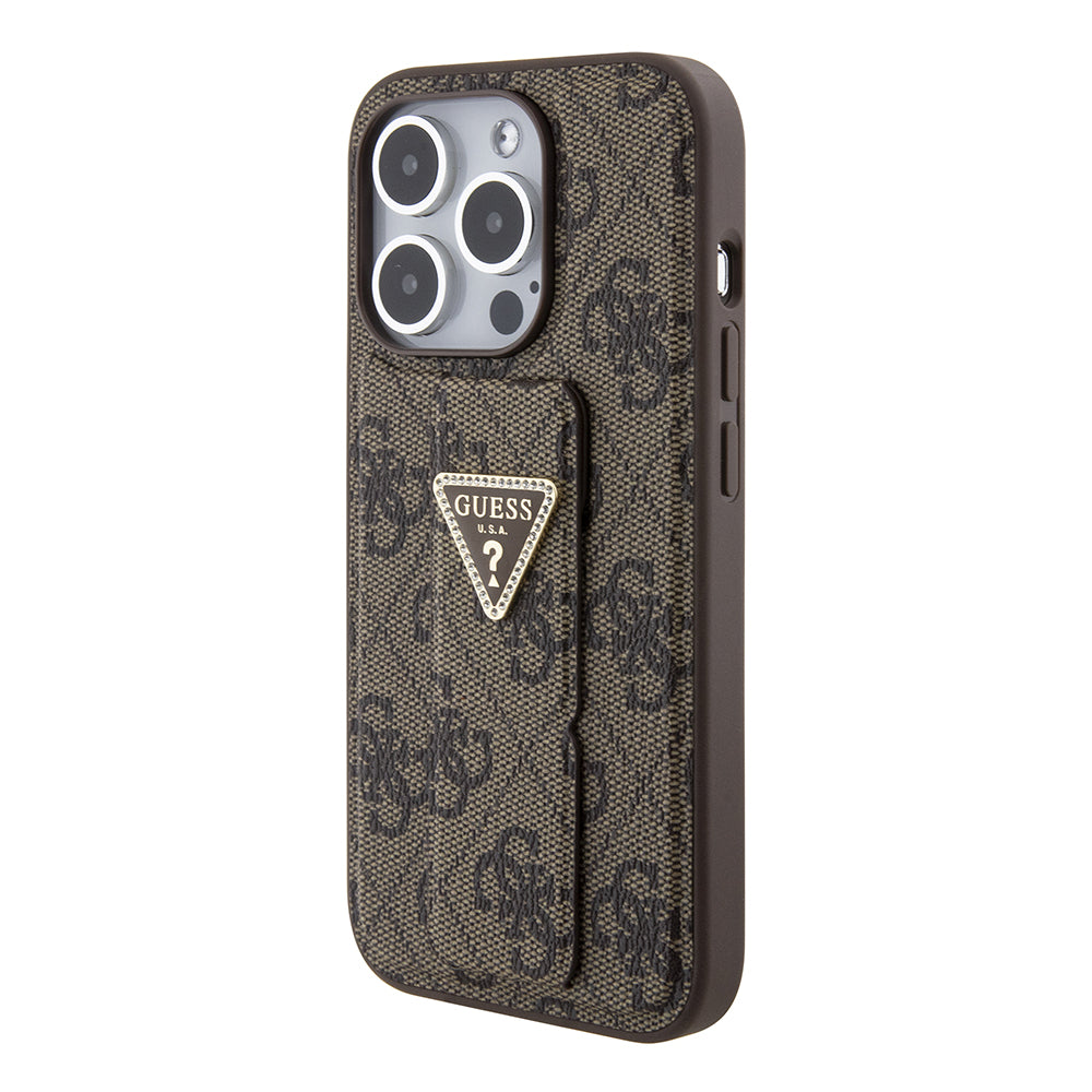 Case for Apple iPhone 15 Pro, Guess, Grip Stand 4G Triangle Strass, Brown