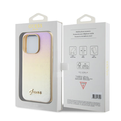 Case for Apple iPhone 15 Pro, Guess, Saffiano Iridescent Script, Gold