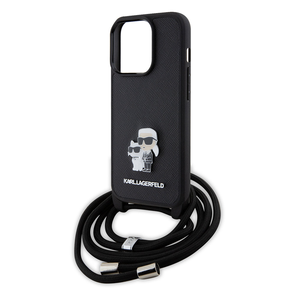 Case for Apple iPhone 15 Pro, Karl Lagerfeld, Saffiano Crossbody Metal Pin Karl & Choupette, Black