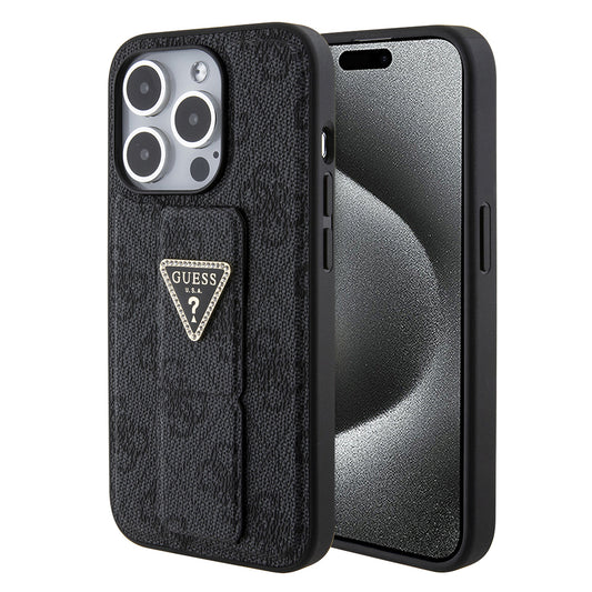 Case for Apple iPhone 15 Pro Max, Guess, Grip Stand 4G Triangle Strass, Black
