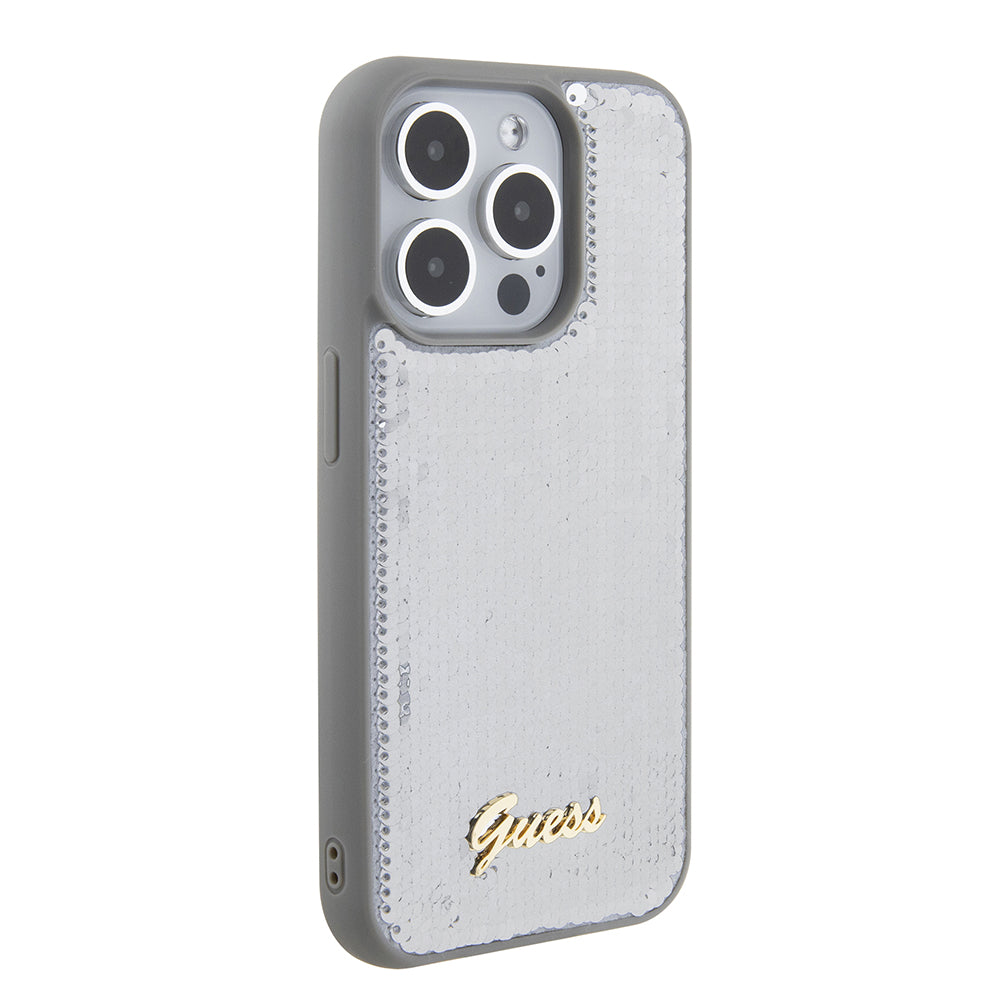 Case for Apple iPhone 15 Pro Max, Guess, Sequin Script Metal, Silver