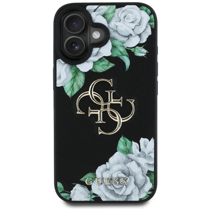 Case for Apple iPhone 16, Guess, 4G Grained Roses Big Logo, Black