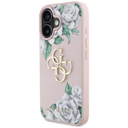 Case for Apple iPhone 16, Guess, 4G Grained Roses Big Logo, Pink