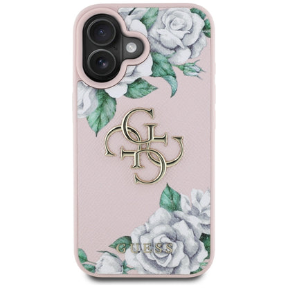Case for Apple iPhone 16, Guess, 4G Grained Roses Big Logo, Pink