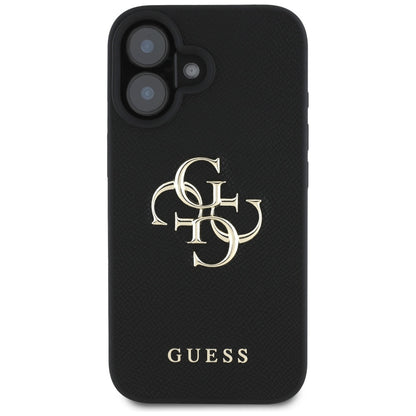 Case for Apple iPhone 16, Guess, Grained Big 4G Logo Small Classic Logo, Black