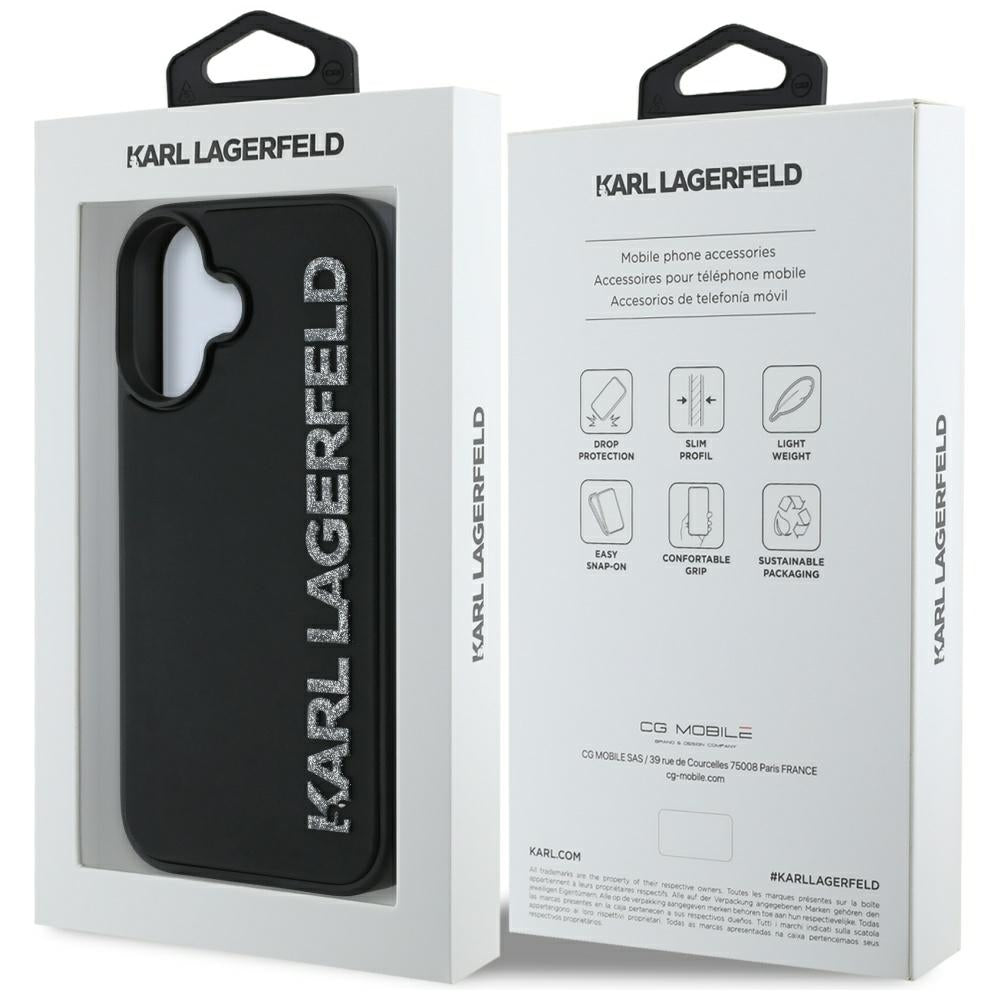 Case for Apple iPhone 16, Karl Lagerfeld, 3D Rubber Elongated Glitter Logo, Black