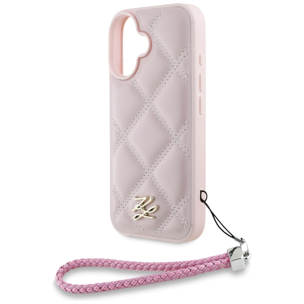 Case for Apple iPhone 16, Karl Lagerfeld, Quilted Initial Logo & Chain Strap, Pink
