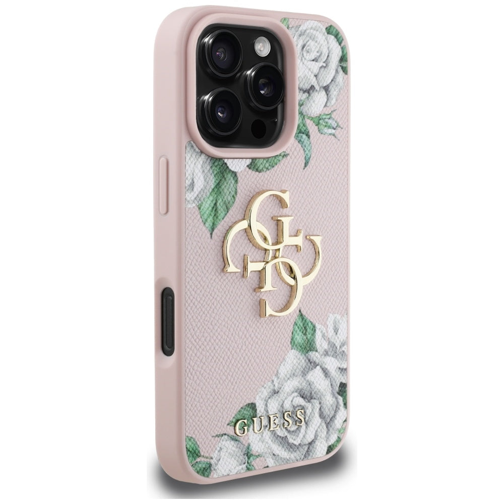 Case for Apple iPhone 16 Pro, Guess, 4G Grained Roses Big Logo, Pink