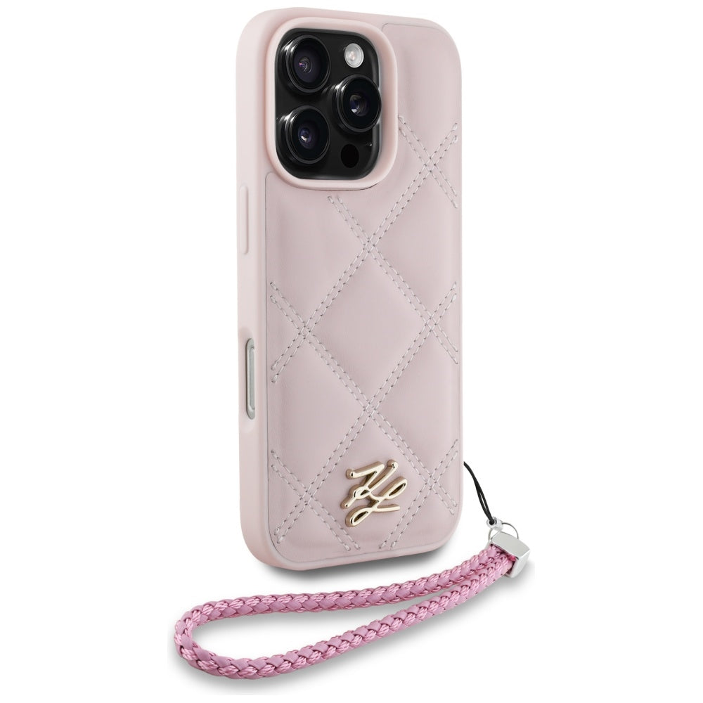 Case for Apple iPhone 16 Pro, Karl Lagerfeld, Quilted Initial Logo & Chain Strap, Pink