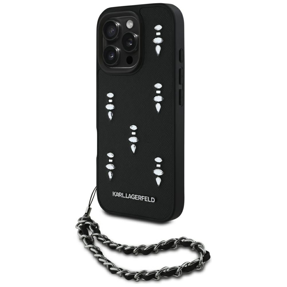 Case for Apple iPhone 16 Pro, Karl Lagerfeld, Saffiano Crystals & Charm, Black