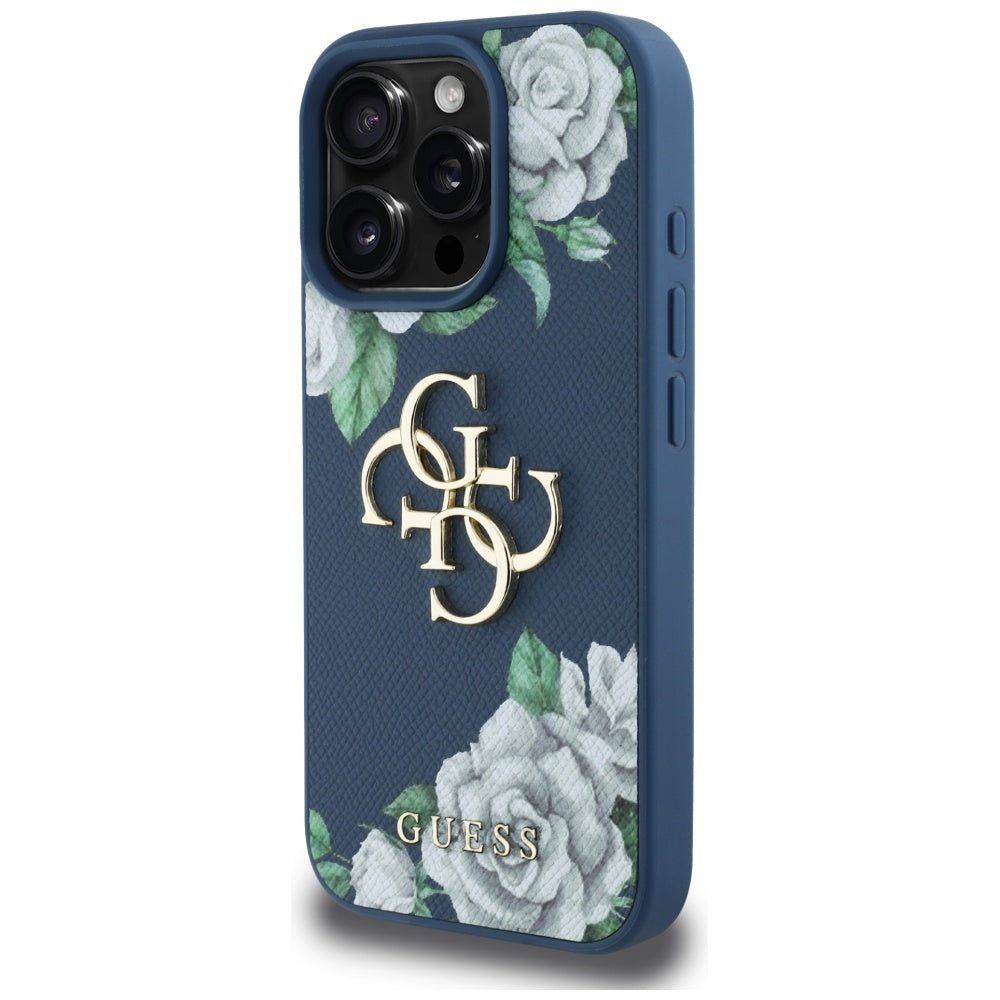 Case for Apple iPhone 16 Pro Max, Guess, 4G Grained Roses Big Logo, Blue