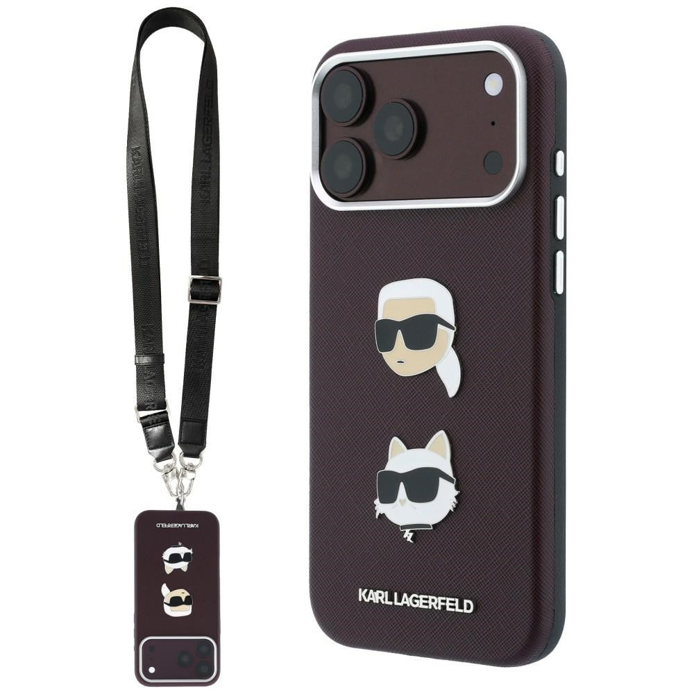 Case for Apple iPhone 18 Pro / 17 Pro, Karl Lagerfeld, Saffiano Crossbody Karl & Choupette Head's Pins Logo, Burgundy