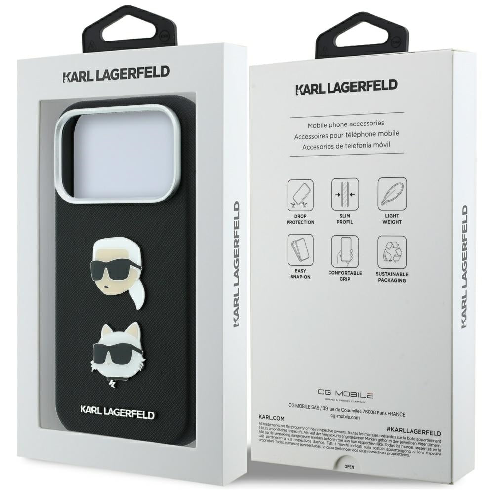 Case for Apple iPhone 18 Pro / 17 Pro, Karl Lagerfeld, Saffiano with Karl & Choupette Head's Pin and Logo, Black