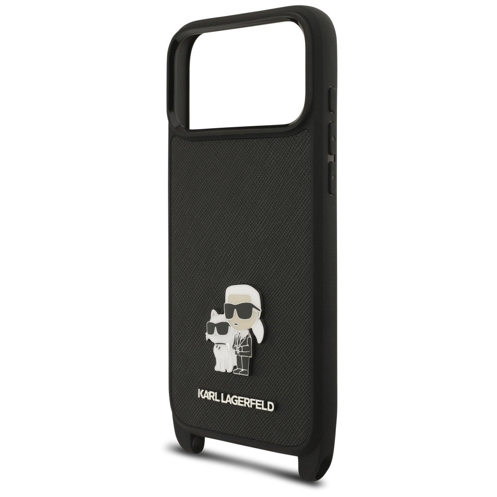 Case for Apple iPhone 18 Pro Max / 17 Pro Max, Karl Lagerfeld, Saffiano Crossbody Metal Pin Karl & Choupette, Black