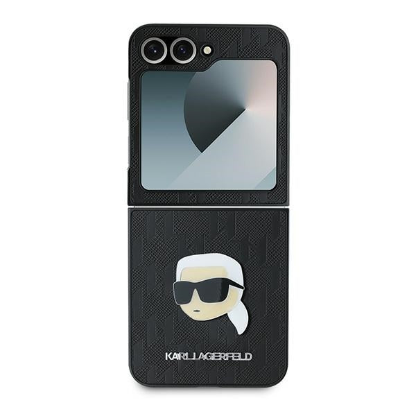 Case for Samsung Galaxy Z Flip7 FE F761 / Z Flip6 F741, Karl Lagerfeld, Saffiano Monogram Karl's Head Metal, Black