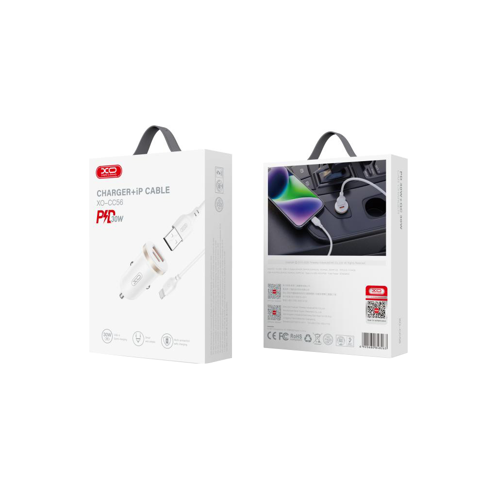 Car Charger with Lightning Cable XO Design CC56, 30W, 3A, 1 x USB-A - 1 x USB-C, White