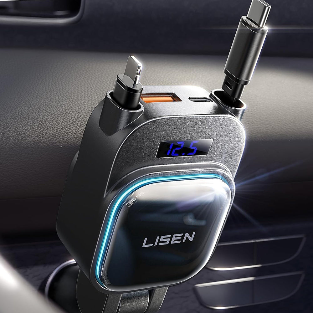 Car Charger with USB-C / Lightning Lisen Display, 96W, 3A, 1 x USB-A - 1 x USB-C, Black YL0224080017