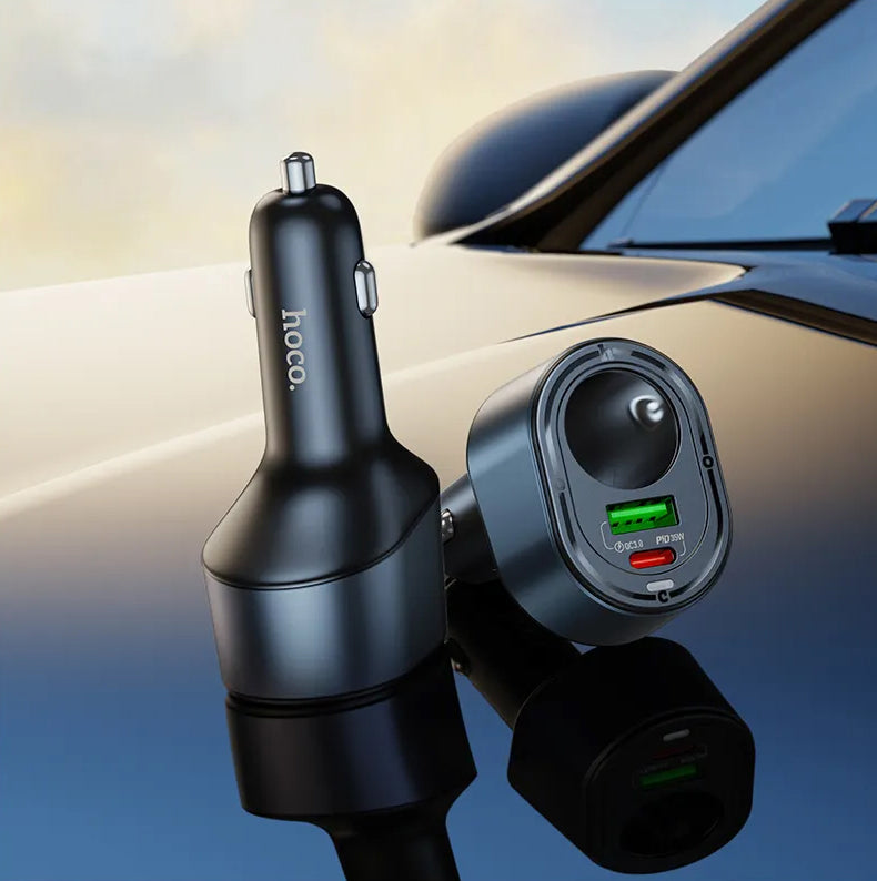 HOCO Z56 Car Charger, 35W, 3A, 1 x USB-A - 1 x USB-C - 1 x Cigarette Lighter Extension, Black