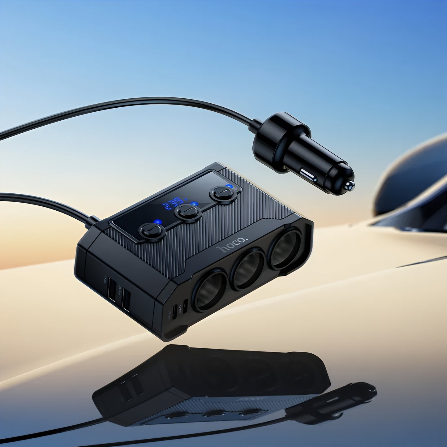 HOCO Z64 Car Charger, 15.5W, 3.1A, 2 x USB-A - 2 x USB-C - 3 x Cigarette Lighter Extension, Black