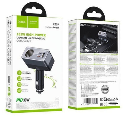 HOCO Z65A Car Charger, 165W, 3A, 1 x Cigarette Lighter Extension - 1 x USB-A - 2 x USB-C, Black