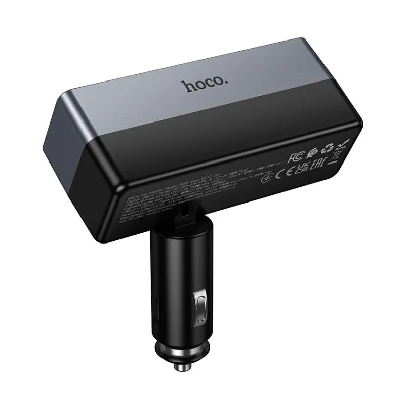 HOCO Z65B Car Charger, 240W, 1 x USB-A - 1 x USB-C - 2 x Cigarette Lighter Extension, Black