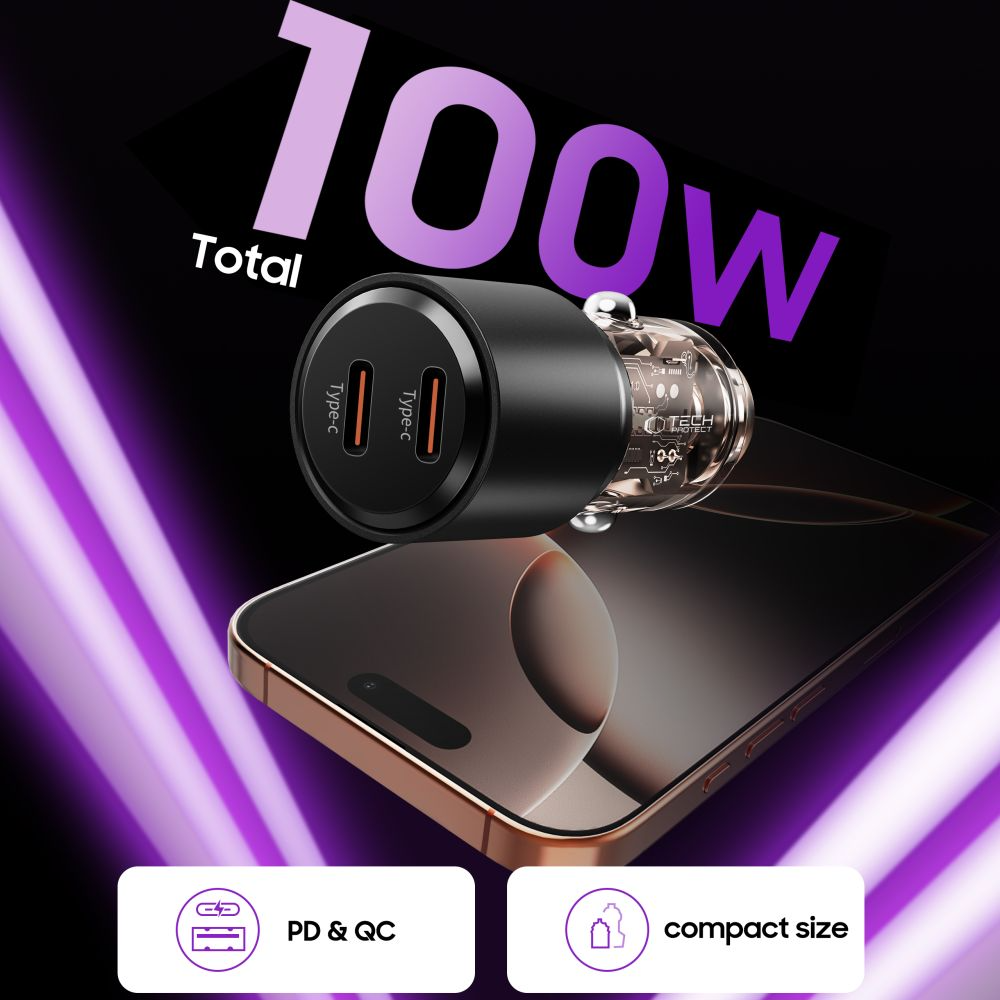 Tech-Protect CC03 Car Charger, 100W, 3.25A, 2 x USB-C, Black