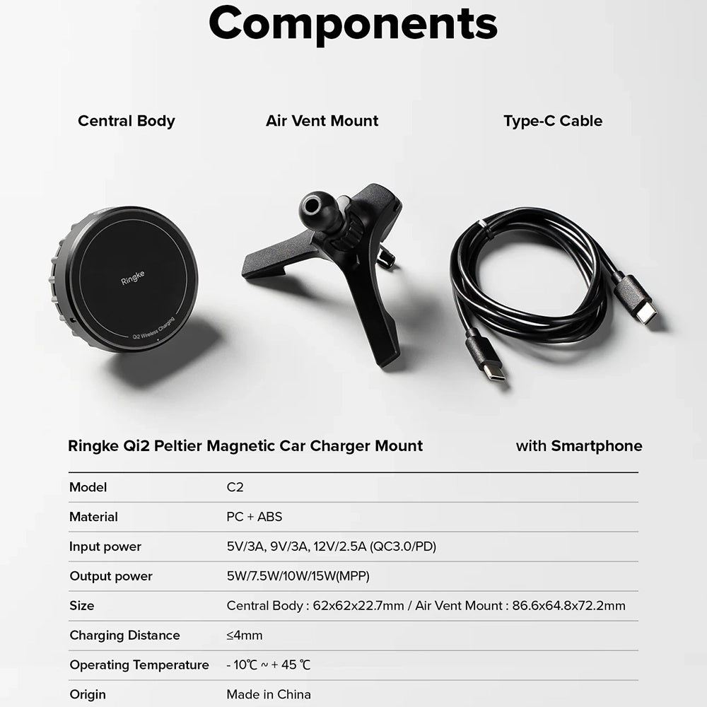 Ringke Wireless Car Charger, 15W, 1.67A, Black