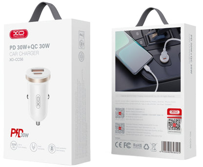 XO Design CC56 Car Charger, 30W, 3A, 1 x USB-A - 1 x USB-C, White