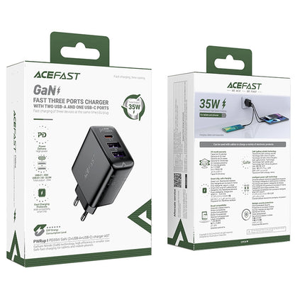 Acefast A57 Network Charger, 35W, 3A, 2 x USB-A - 1 x USB-C, Black