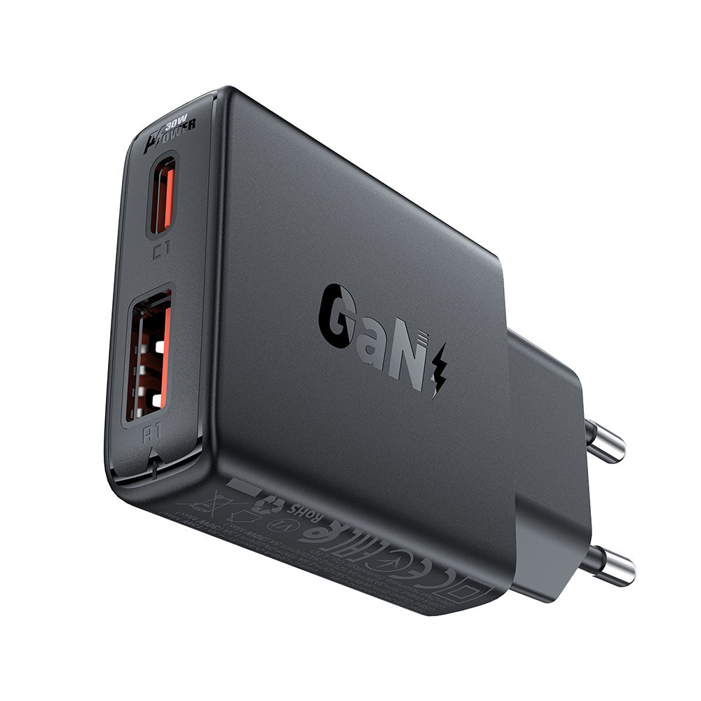 Acefast A69 Network Charger, 30W, 3A, 1 x USB-A - 1 x USB-C, Black