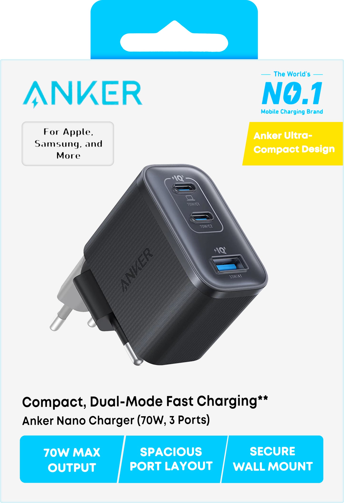Anker Nano Network Charger, 70W, 3.5A, 1 x USB-A - 2 x USB-C, Black A121AL11