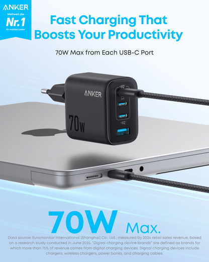 Anker Zolo Wall Charger, 70W, 1 x USB-A - 3 x USB-C, Black A121CG11