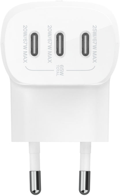 Belkin BoostCharge Wall Charger, 67W, 3A, 3 x USB-C, White WCC002vfWH