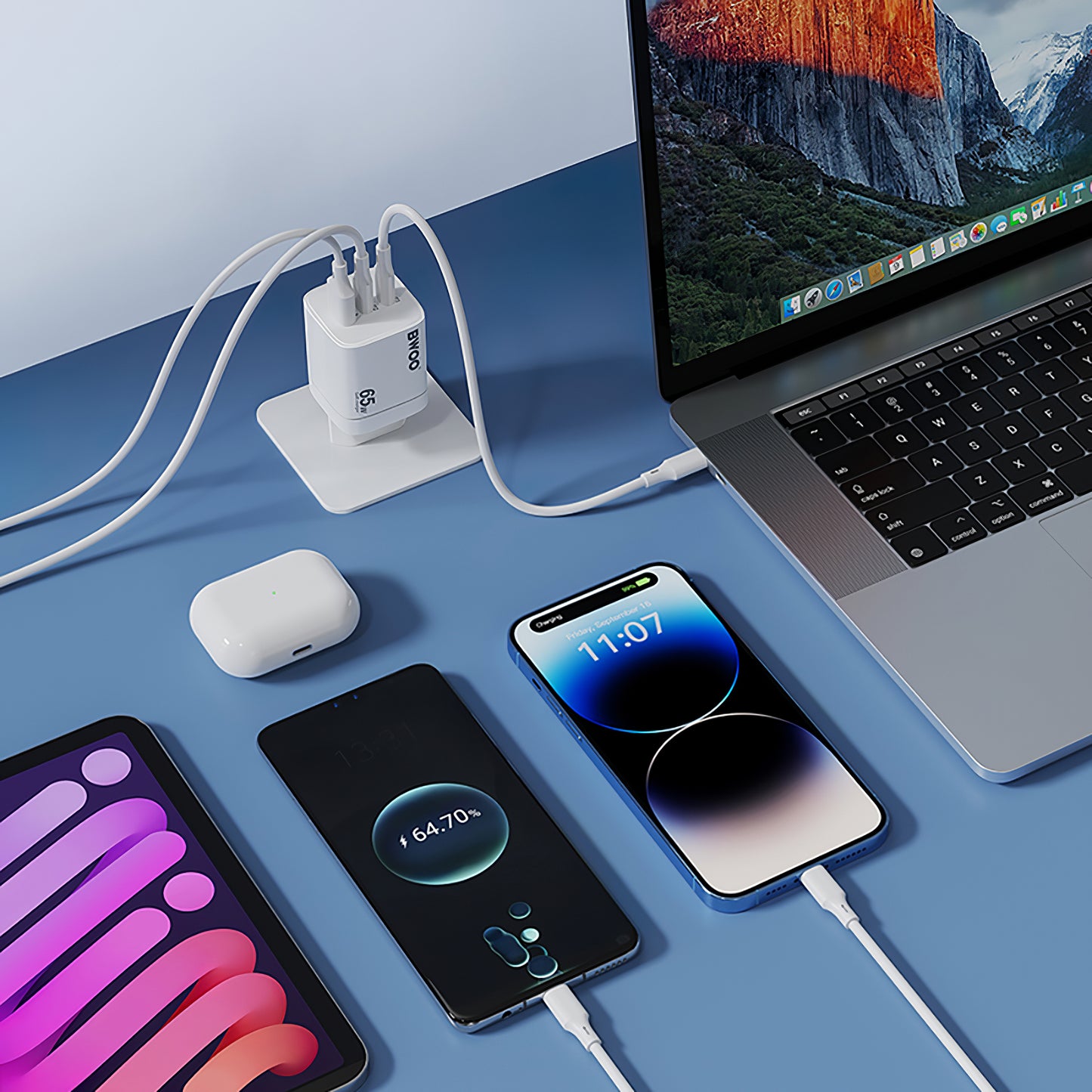 Network Charger BWOO CDA147, 65W, 4.5A, 1 x USB-A - 2 x USB-C, White 