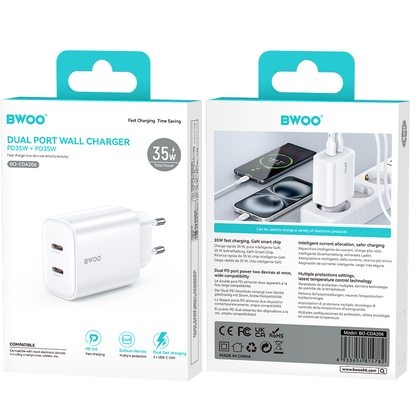 BWOO CDA206 Network Charger, 35W, 3A, 2 x USB-C, White