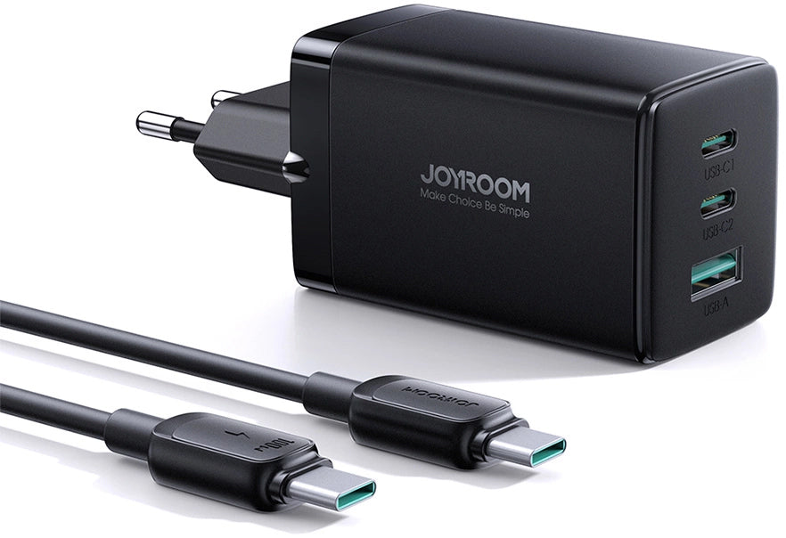Joyroom TCG01 USB-C Network Charger with Cable, 65W, 3.25A, 1 x USB-A - 2 x USB-C, Black