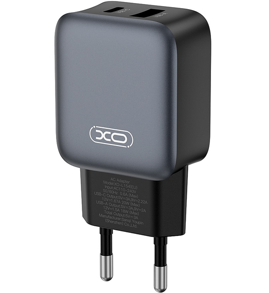 XO Design L154 Network Charger with Lightning Cable, 20W, 3A, 1 x USB-A - 1 x USB-C, Black