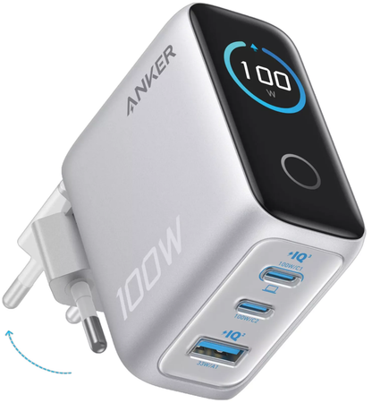 Network Charger with USB-C Cable Anker Smart Display, 100W, 5A, 1 x USB-A - 2 x USB-C, Silver B121BG41