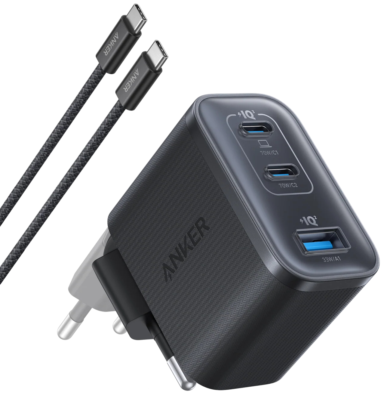 Anker Nano USB-C Network Charger with Cable, 70W, 3.5A, 1 x USB-A - 2 x USB-C, Gray B121A311