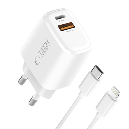 Tech-Protect NCA20 Lightning Cable Wall Charger, 20W, 3A, 1 x USB-A - 1 x USB-C, White