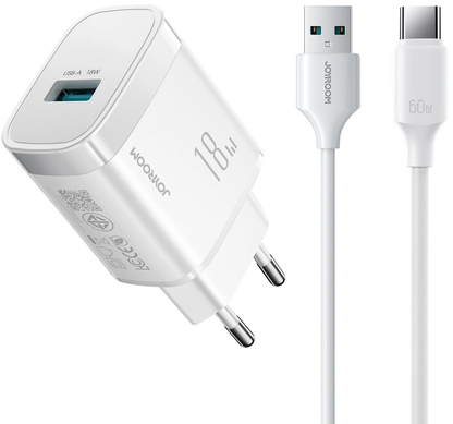 Joyroom JR-TF4 USB-C Cable Wall Charger, 18W, 3A, 1 x USB-A, White
