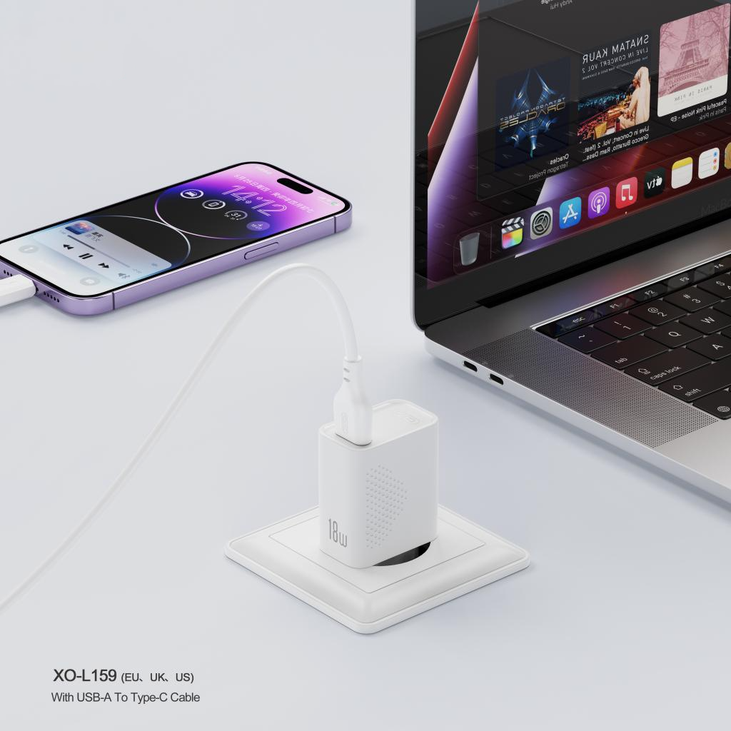 Network Charger with USB-C Cable XO Design L159, 18W, 3A, 1 x USB-A, White
