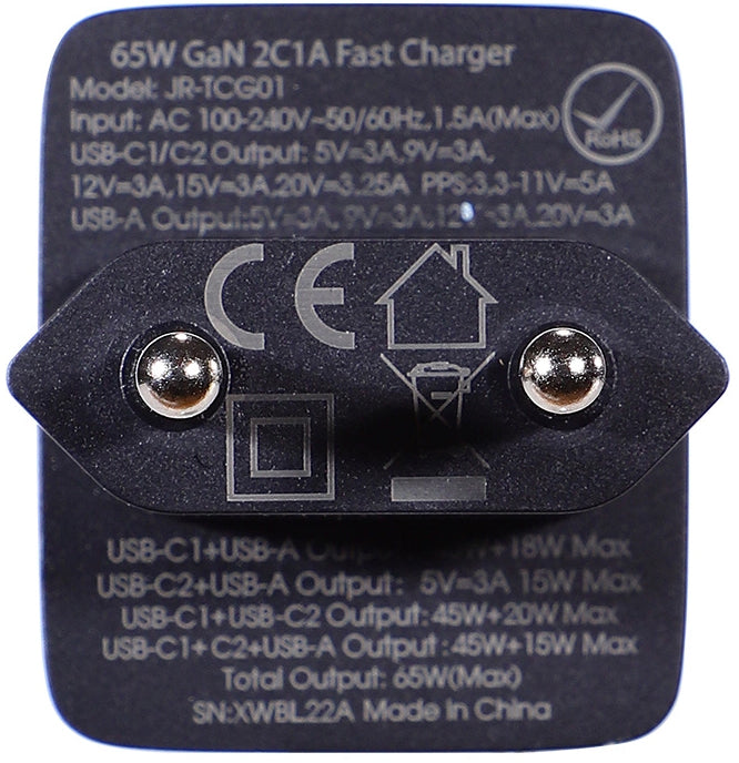 Joyroom TCG01 USB-C Network Charger with Cable, 65W, 3.25A, 1 x USB-A - 2 x USB-C, Black